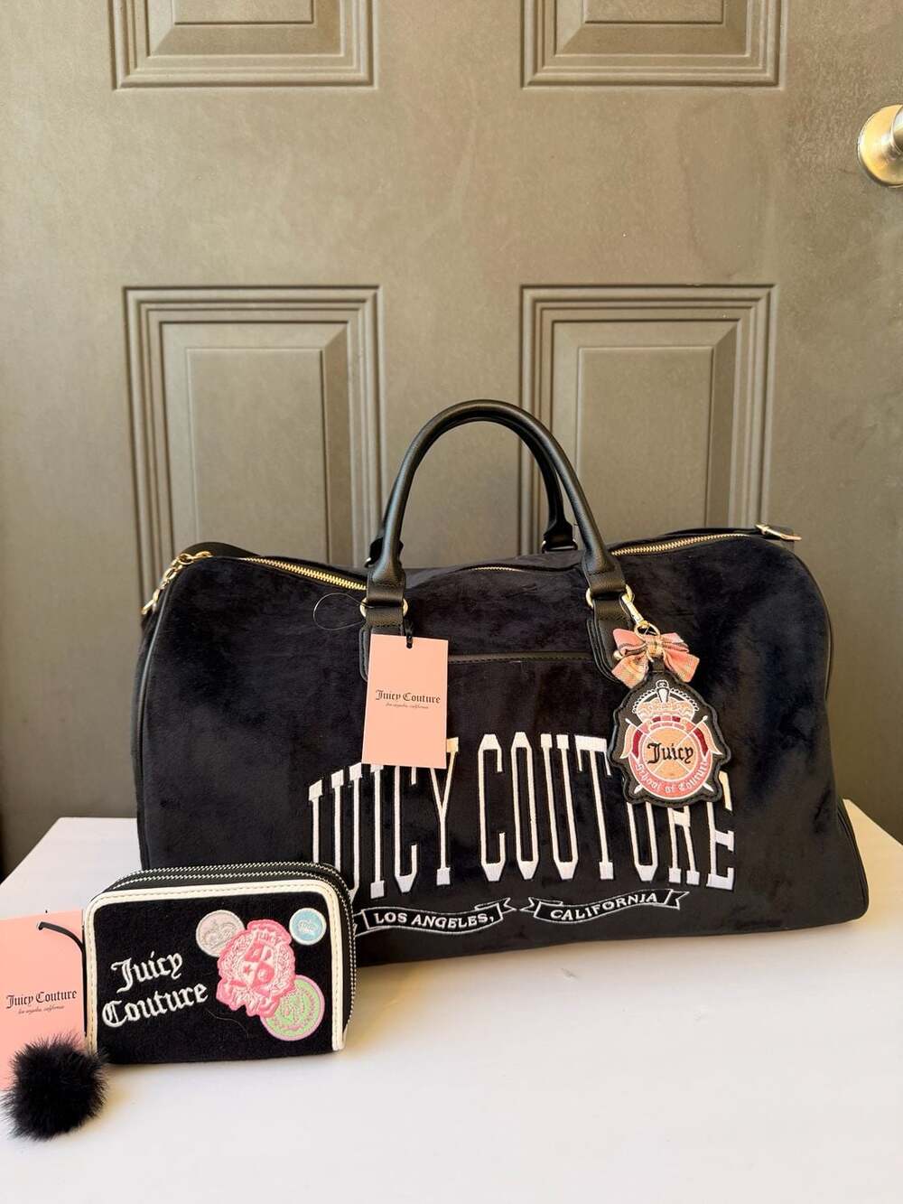 2 pieces Juicy Couture Black Velour Couture University Weekender Bag and wallet